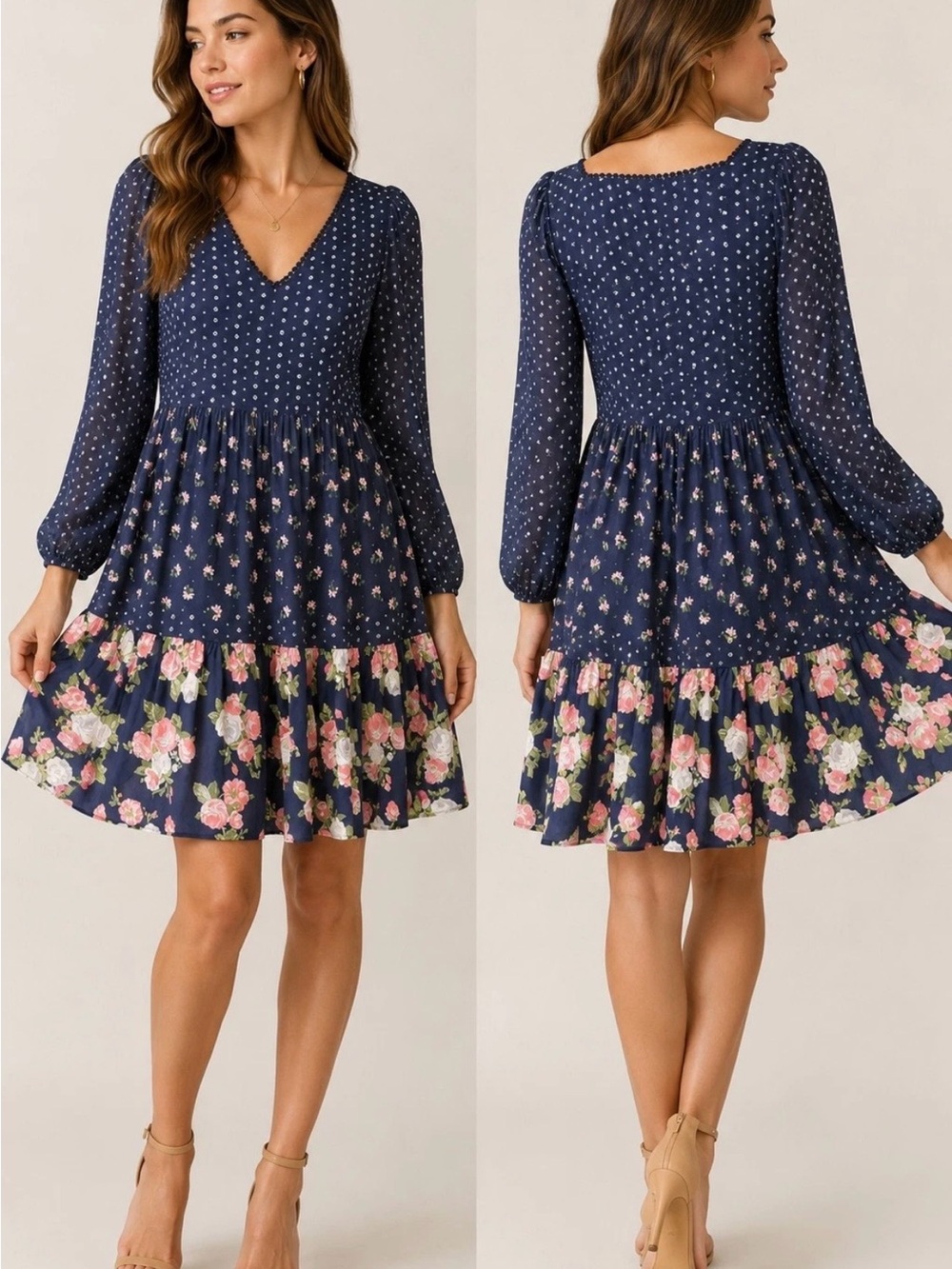 Women’s Matilda Jane Navy Floral Tiered V-Neck Long Sleeve Dress